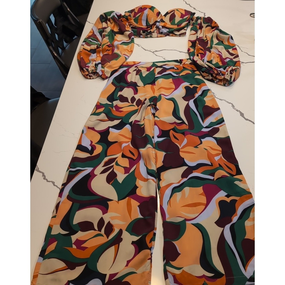 Live 4 Truth Anthropogy Boho Bell Sleeve Cropped Blouse & Pants Leaves Size M - Picture 1 of 16